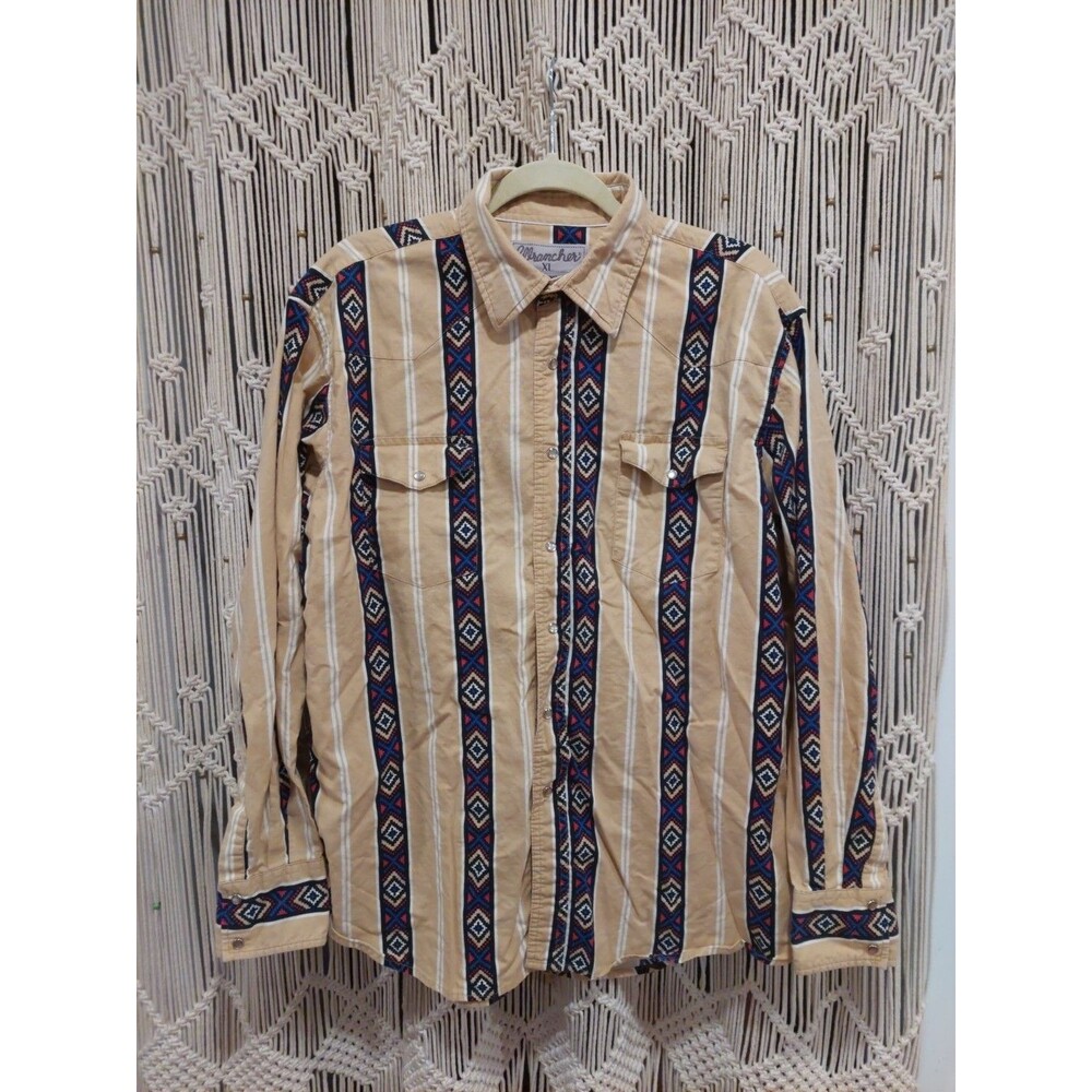 Vtg Wrangler Wrancher Pearl Snap Shirt Navajo Aztec Western Cowboy Wear Sz XL